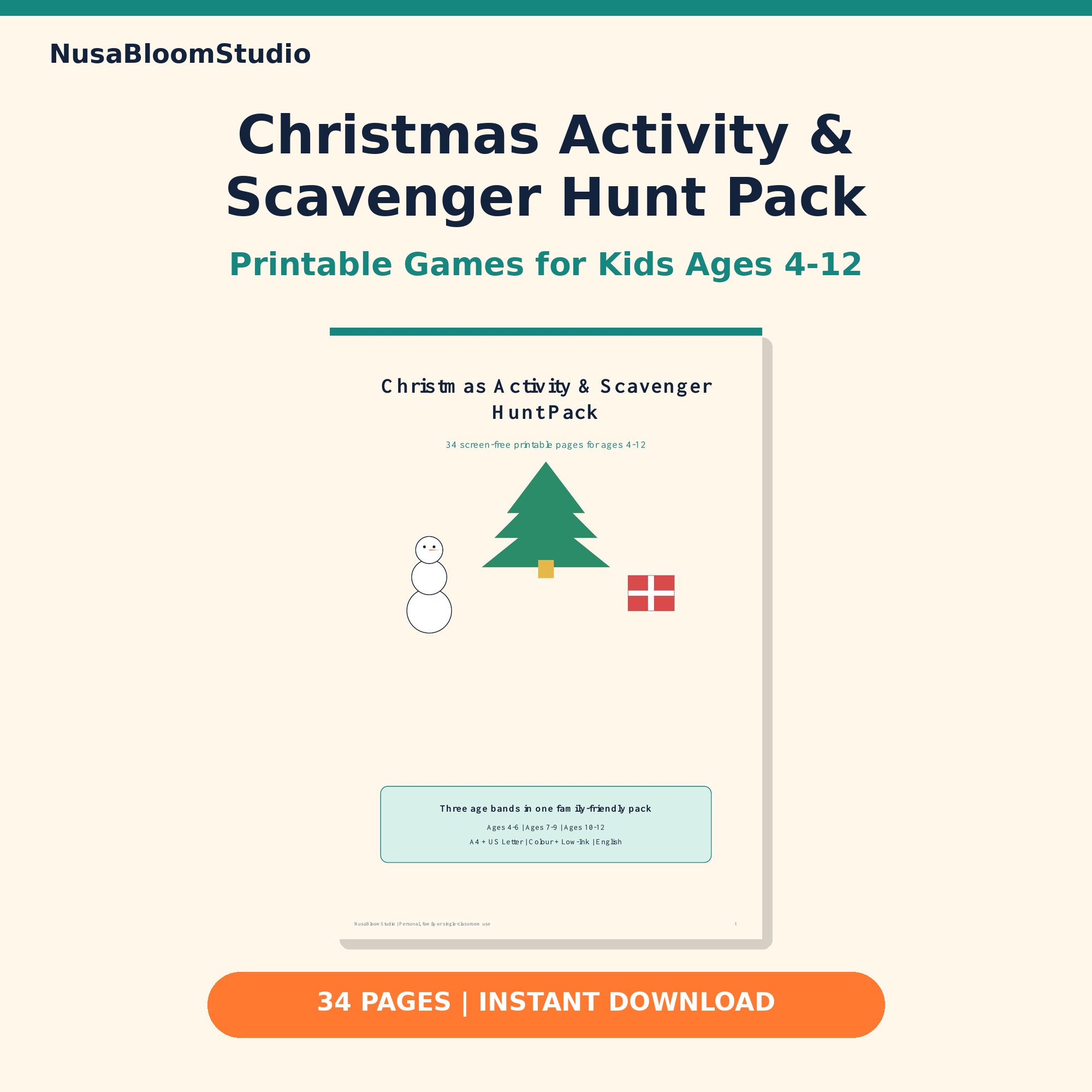 Christmas Activity and Scavenger Hunt Pack with 34 printable pages for children ages 4-12.