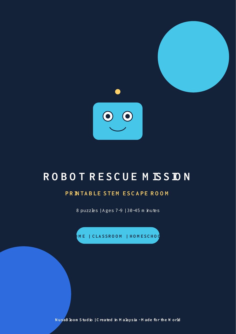 Cover of Robot Rescue Mission, a printable STEM escape room for children ages 7-9.