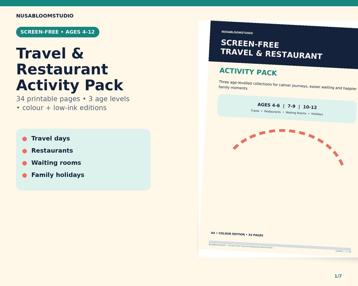 Screen-Free Travel and Restaurant Activity Pack with printable games for children ages 4-12.