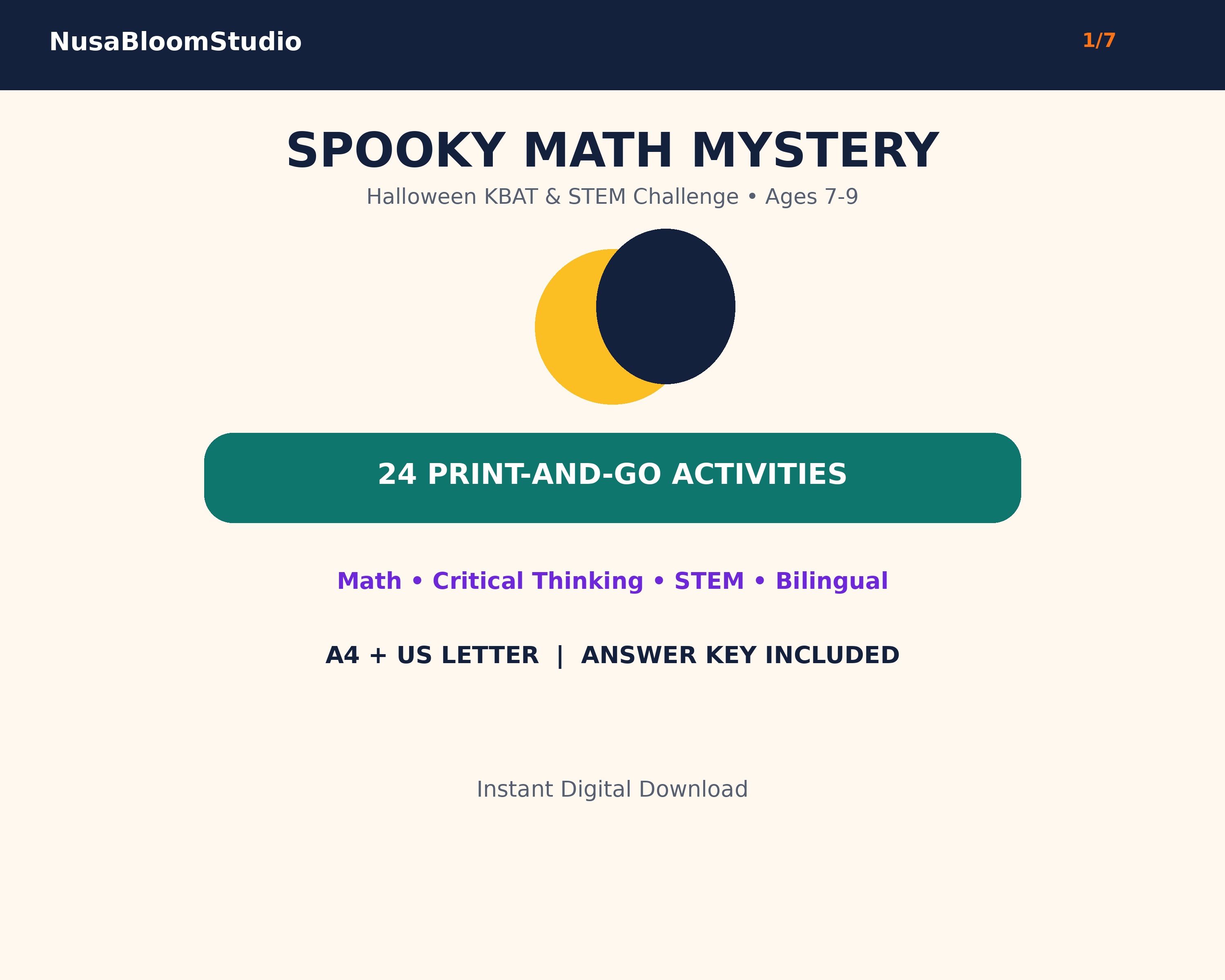 Cover for Spooky Math Mystery, a bilingual Halloween maths, KBAT and STEM printable workbook for ages 7-9.